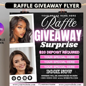 Raffle Giveaway Flyer Template: Beauty Salon, Hair & Lashes (Canva Editable, Digital Download