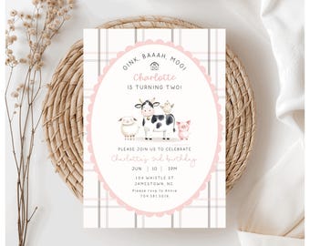 Farm Animals Birthday Invitation Girl: Barnyard Theme (Editable Template)