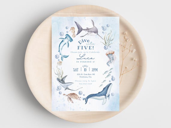 Ocean Birthday Invitation | Dive into 5 Birthday Invite | Under the Sea Theme, Editable Template (CANVA)