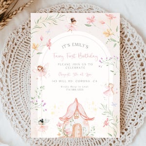 Invitación de primer cumpleaños de hada: Invitación editable para niña (Plantilla CANVA)