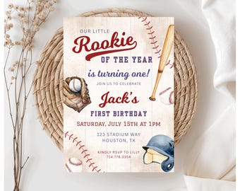 Rookie of the Year eerste verjaardagsuitnodiging, honkbal 1e feestvarken uitnodigen, vintage sportfeest, bewerkbare sjabloon downloaden