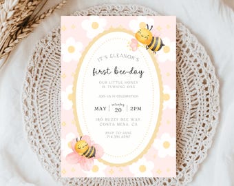 First Bee Day Invitation | Girl 1st Birthday Template (CANVA)
