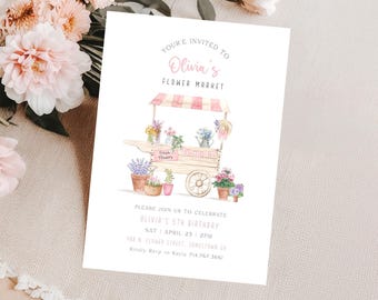 Flower Market Birthday Invitation | Girls Floral Cart Birthday | Editable Template (CANVA)