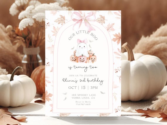 Little Boo Birthday Invitation, Girl Halloween invitation, Editable Template, Halloween birthday invite girl
