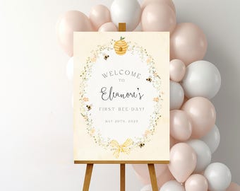 Erstlings-Bee-Day-Willkommens-Schild | Mädchen 1. Geburtstag, bearbeitbare Vorlage (CANVA)