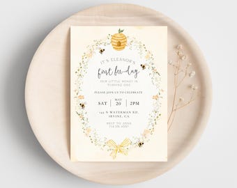 Plantilla de invitación de cumpleaños para el primer día de las abejas, dulce como la miel, para niña, fiesta floral con abejorros, descarga digital editable