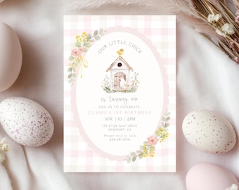 Meisje verjaardagsuitnodiging Little Chick | Thema boerderijdieren (CANVA)