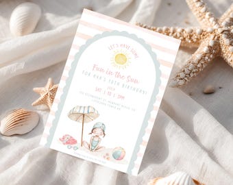 Girl Beach Birthday Invitation | Girl Summer Birthday invite | Beach Birthday Party Invite | Summer Beach Party Birthday Invitation Template