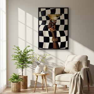 Schwarze Frau mit Martini Kunstdruck - Schachbrett Glam Wanddekoration, Fashion Cocktail Poster, modernes Kunstwerk mit oder ohne Rahmen