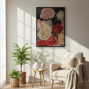 Impresión artística de pared con rosas románticas, póster vintage de flores botánicas con rosas de jardín rojas, crema y ruborizadas, elegante decoración floral para dormitorio o regalo.