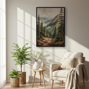 Impresión artística de un sendero de montaña con bosque, póster de pared con paisaje de pinos, decoración de senderos naturales, escena rústica silvestre, obra de arte con paisajes tranquilos