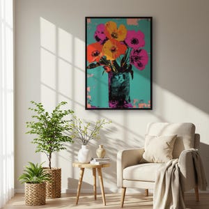 Impresión de arte pop con jarrón de flores de colores, póster de pared floral retro llamativo, obra de arte botánico bohemio vibrante, galería con marco moderno.