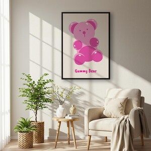 Póster de osito de goma rosa enmarcado, bonito póster de dulces para habitación infantil o tienda de dulces, divertido estampado de arte pop, regalo para amantes de los dulces.
