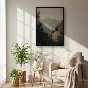 Impresión artística con vista a la montaña, póster de pared con un acantilado en un bosque melancólico, pintura de paisaje natural, decoración rústica, obra de arte con un horizonte tranquilo