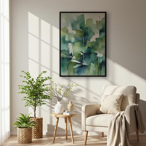 Impresión artística de acuarela de bosque abstracto, póster de pared botánico verde, pintura minimalista de naturaleza, decoración moderna y serena, obra de arte en tonos tierra.
