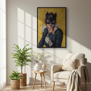 Arte mural de Catwoman, impresión enmarcada con retrato retro, póster único con fondo amarillo, regalo de decoración atrevida para ella, decoración para el pasillo