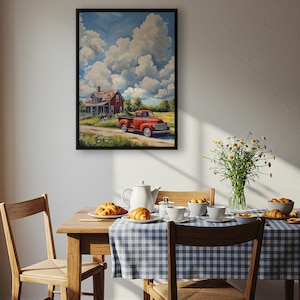 Vintage Red Truck Bauernhaus Wandkunst - Rustikale Landlandschaft Poster mit alter Scheune und blauem Himmel, Americana Sommer Dekor für gemütliche Häuser