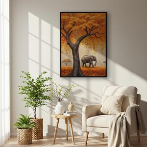 Impresión de arte mural de elefante, lienzo decorativo de árbol otoñal, obra de safari de vida silvestre, impresión de animales de la naturaleza, regalo perfecto para amantes de la naturaleza.