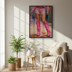 Arte mural con botas vaqueras rosas: Impresión de moda vaquera con estilo pop art, póster rosa intenso, decoración femenina con o sin marco.