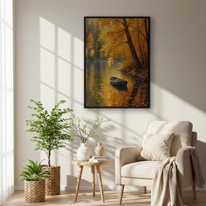 Arte mural con paisaje otoñal, impresión de barco en el lago, póster de naturaleza otoñal, decoración rústica enmarcada, regalo para él, impresión de pared para dormitorio, decoración acogedora para el hogar.