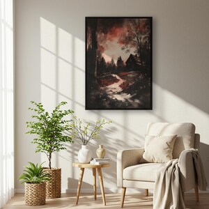 Arte mural de cabaña en un bosque oscuro: impresión de un sendero natural melancólico con cielo rojo y árboles, póster de paisaje otoñal rústico, decoración con o sin marco