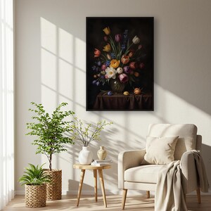 Impresión artística de bodegón floral holandés, jarrón barroco con tulipanes y flores silvestres, ramo vintage, decoración de pared, póster enmarcado o sin marco.