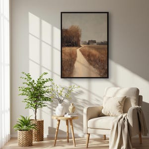 Impresión artística de paisaje otoñal rústico, póster de camino rural neutro, decoración de pared de estilo rústico, arte otoñal, escena natural minimalista