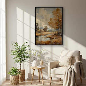 Impresión artística de paisaje de cabaña otoñal, póster de pared de naturaleza cálida, escena rústica de estanque otoñal, pintura campestre, decoración acogedora de temporada