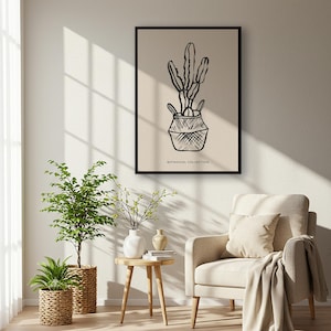 Kaktus Linie Kunstdruck, minimalistisches botanisches Wanddekor für Küche oder Wohnzimmer, gerahmtes Pflanzenplakat Geschenk für sie, modernes neutrales Kunstwerk