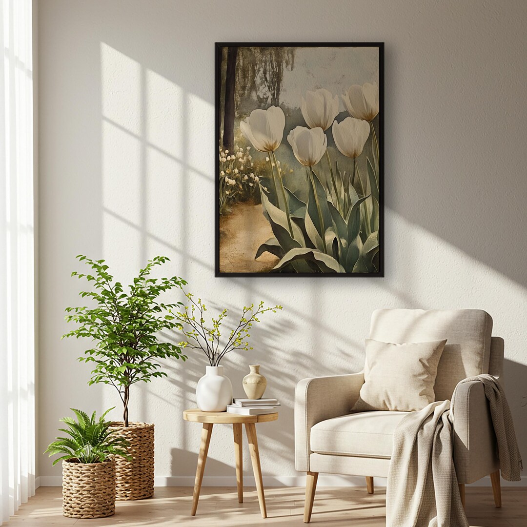White Tulip Flower Art Print, Neutral Botanical Wall Poster, Elegant ...