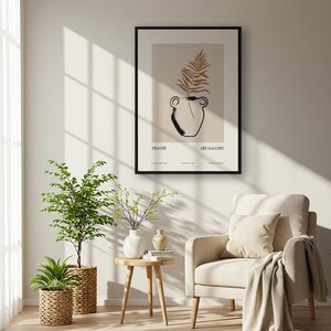 Póster de jarrón con arte lineal enmarcado, impresión minimalista de hoja en maceta, arte mural botánico moderno, dibujo en blanco y negro y beige, regalo para su habitación.