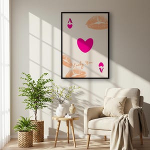 Ingelijste 'Lucky You'-speelkaartkunstprint, poster romantisch hart en kus, Valentijnsdag muurdecoratie, flirterig cadeau voor haar of hem