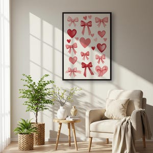 Arte mural con lazos y corazones rosas: impresión romántica y tierna en tonos rojos y rosados, póster de San Valentín con estética kawaii, obra de arte enmarcada o sin enmarcar.