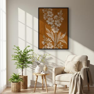 Estampado floral botánico naranja quemado, arte mural floral de estilo vintage, póster inspirado en la naturaleza cálida, decoración rústica para el hogar, obra de arte elegante.