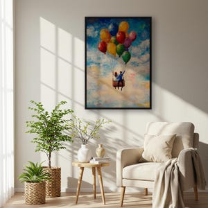 Framed Balloon Couple Art Print, Romantic Sky Painting Poster, Whimsical Love Wall Decor, Colorful Dreamy Gift, Surreal Cloud Artwork