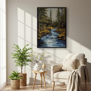 Poster incorniciato con paesaggio di fiume nella foresta, stampa artistica da parete con natura tranquilla, scena di ruscello con cascata, decorazione per baita, opera d'arte regalo serena per esterni