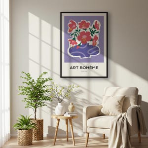 Arte enmarcado con estampado floral bohemio, decoración botánica moderna para pared, póster de jarrón morado, regalo minimalista para ella, arte para habitación, regalo de inauguración de la casa