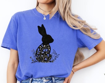 Bunny Flower T-Shirt, Bunny Shirt, Easter T-Shirt, Bunny and Flowers Tee, Cute Bunny Shirt for Easter, Gift for Her, Gift for Mom