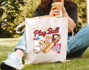 Baseball Tote Bag, Play Ball Baseball Bag, Bag for Snacks, Baseball Snack Bag, Reusable Tote, Grocery Bag, Gift for Her, Team Mom Gift