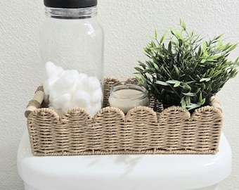 Paper Rope Scalloped Storage Basket With 2 Wooden Handle