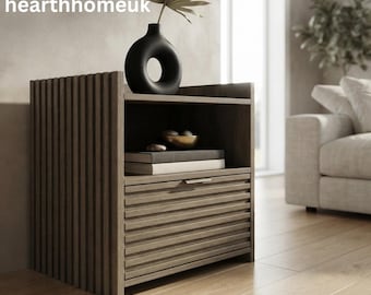 Wooden Fluted Nightstand, Small Bedside Table with Drawer And Shelf, Modern Wood Side Table, Bedroom Furniture