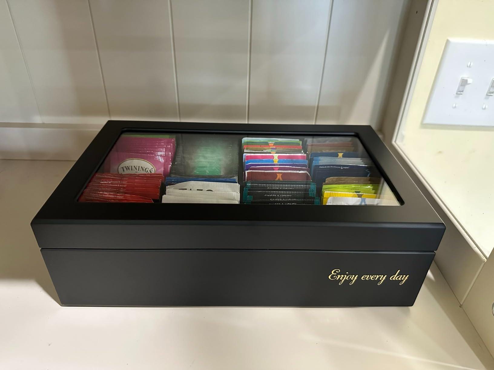 Matte Black Wooden Tea Box, 6 Compartment Tea Organizer With Clear ...