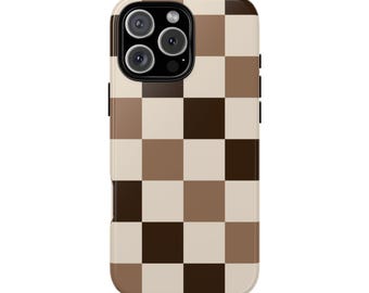 Checkered iPhone Case, Boho Checkered Phone Case, iPhone 16 15 14 13, Pro Max Mini, Boho Phone Case, Tough Phone Case, Brown Phone Case