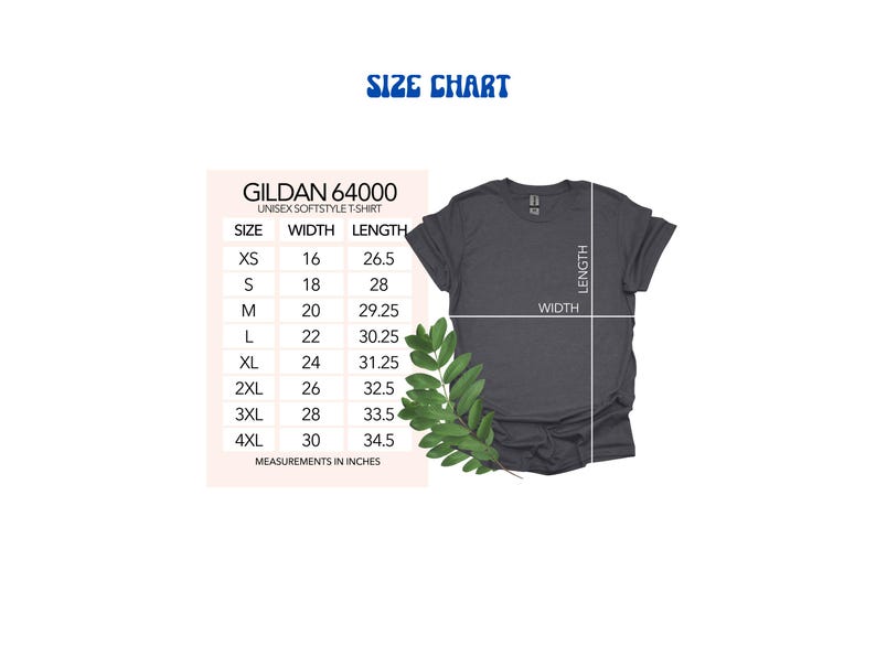 May include: A size chart for a Gildan 64000 unisex softstyle t-shirt. The chart shows measurements in inches for sizes XS to 4XL, including width and length. A dark gray t-shirt is shown with length and width indicators.