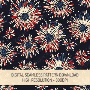 Könnte beinhalten: Ein digitales nahtloses Muster mit einem sich wiederholenden Blumendesign in Rot, Weiß und Blau auf einem dunkelblauen Hintergrund. Die Blumen haben ein stilisiertes, handgezeichnetes Aussehen. Der Text "DIGITAL SEAMLESS PATTERN DOWNLOAD HIGH RESOLUTION - 300DPI" befindet sich unten.