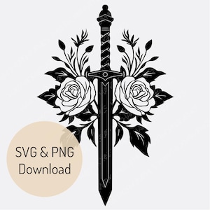 Può includere: Silhouette in bianco e nero di una spada con rose su entrambi i lati. La spada è al centro dell'immagine e le rose sono su entrambi i lati della spada. Le rose sono rivolte verso l'esterno e la spada punta verso l'alto. L'immagine è su uno sfondo bianco.