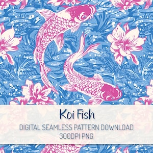 Puede incluir: Un patrón sin costuras con peces koi rosas y blancos nadando en un estanque azul con flores rosas. El patrón es perfecto para telas, papel tapiz u otros proyectos creativos.  Koi Fish Digital Seamless Pattern Download 300DPI PNG