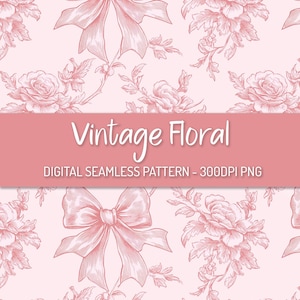 Motivo floreale vintage senza soluzione di continuità, fiocco rosa in toile coquette PNG, download digitale, motivo ripetuto di chinoiserie rosa, design retrò shabby chic