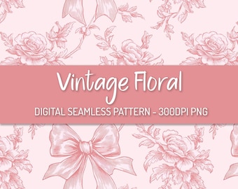 Wzór kwiatowy w stylu vintage, kokarda kokietka w kolorze różowym toile PNG, pobieranie cyfrowe, powtarzający się wzór w kolorze różowym chinoiserie, projekt retro shabby chic