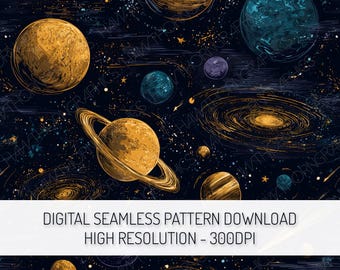 Modello senza cuciture di pianeti galattici in formato PNG, download digitale, motivo ripetuto dello spazio, design cosmico stampabile per tessuti, artigianato, carta da parati